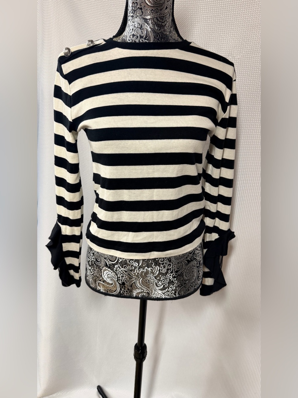 Zara Black and White Striped Long-Sleeve Top with Ruffle Cuffs